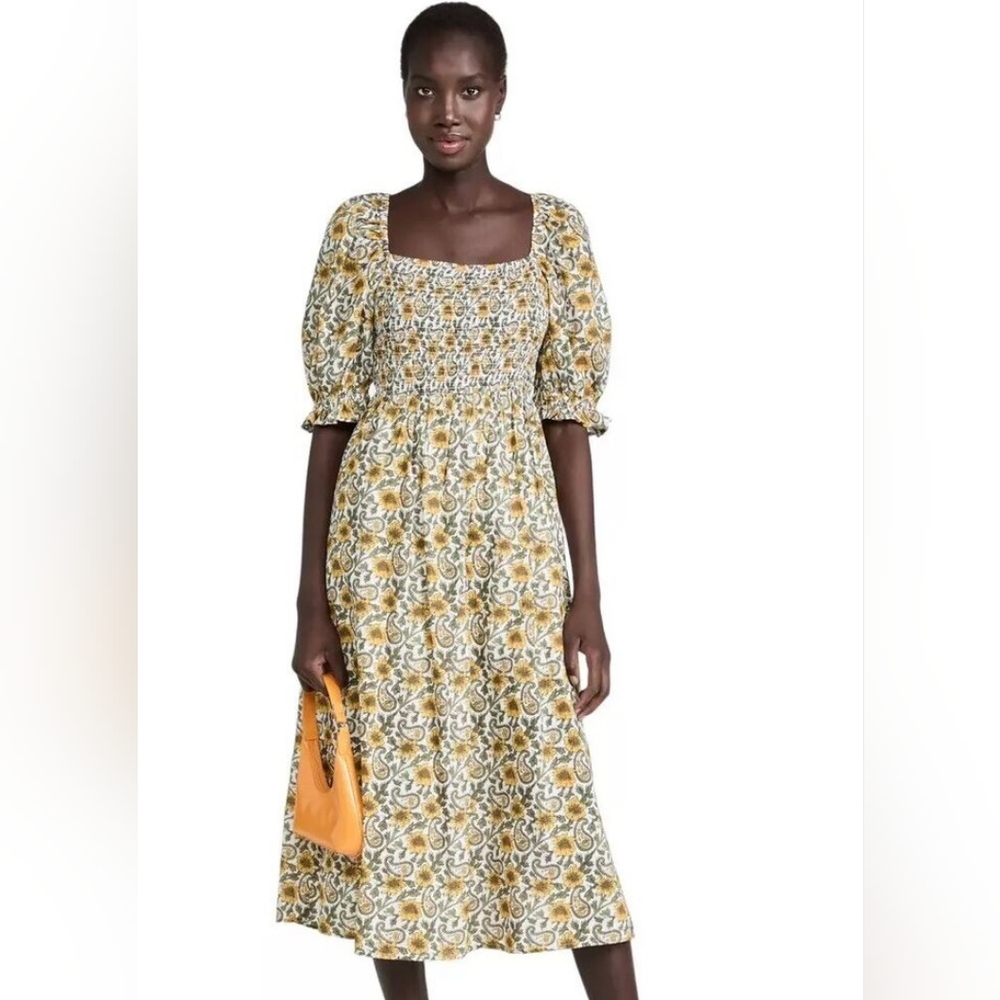 Rahi Anthropologie Cotton Puff Sleeve Vines Midi Dress Sunflower Woodblock Xs